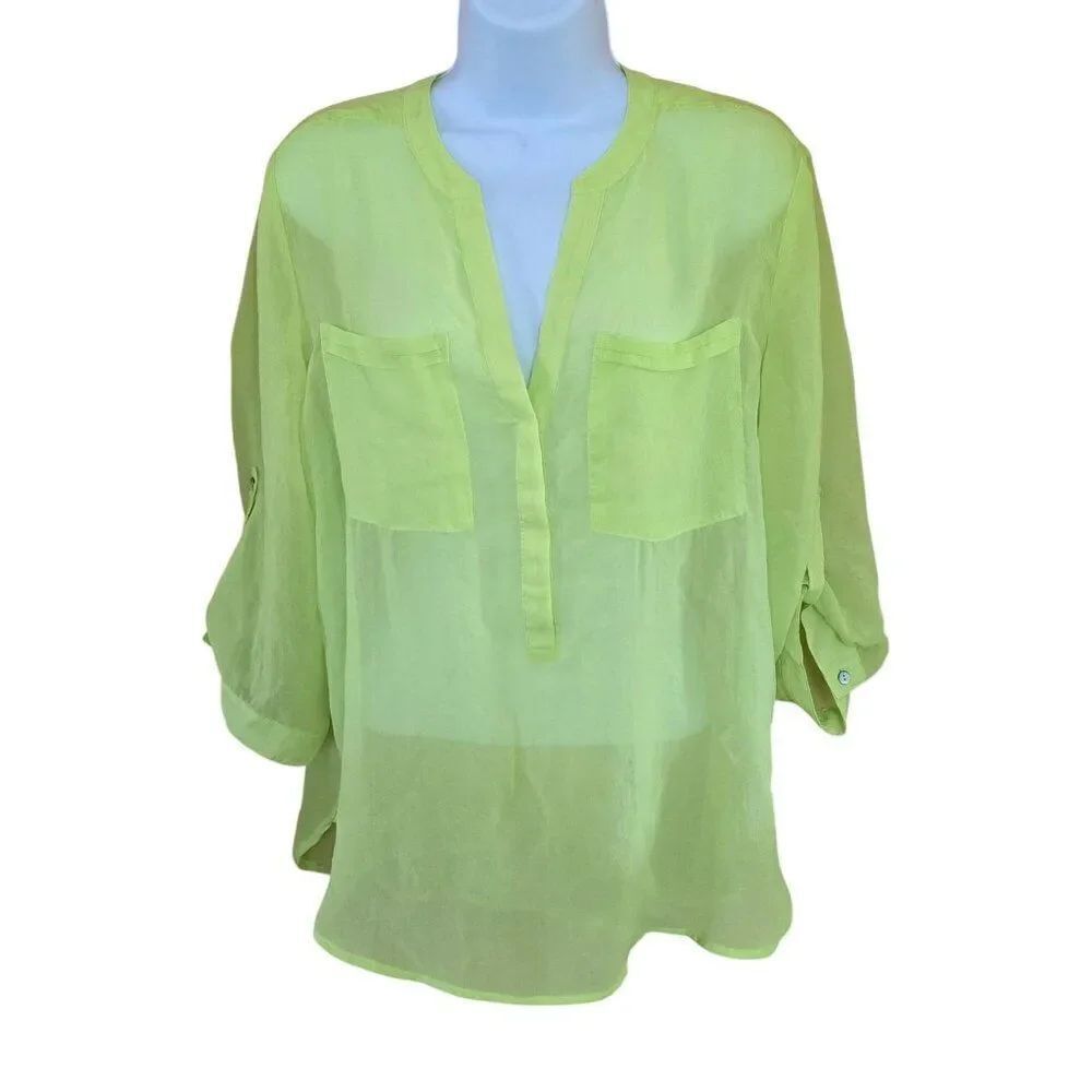 Bright Lime Sheer Blouse With Roll-Tab Sleeves neon 90's inspired y2k coquette